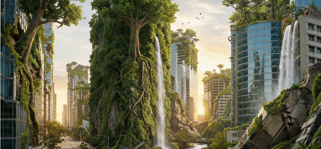 La naturaleza se extiende entre los edificios
